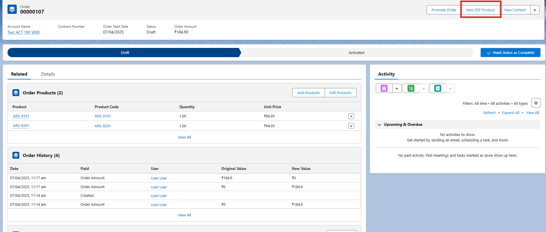 New ERP Product button
