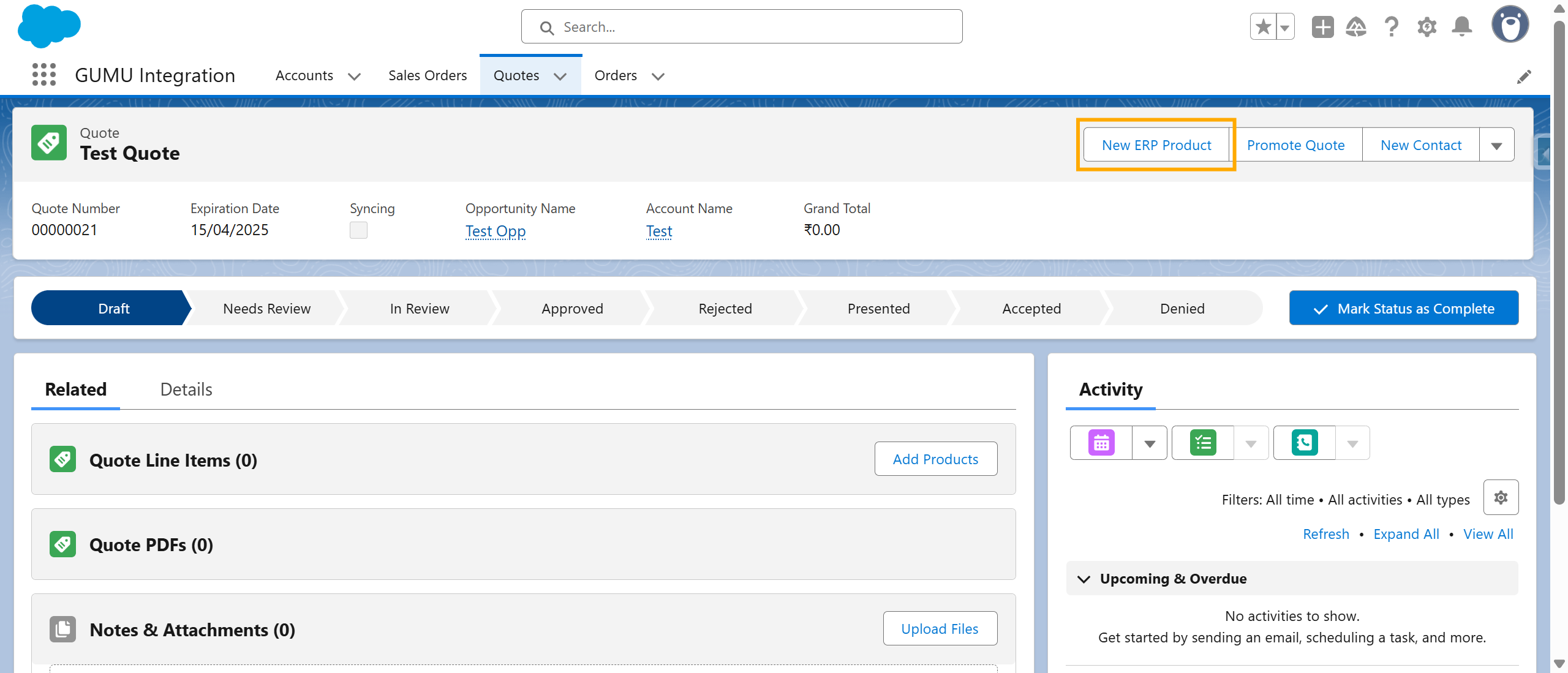 New ERP Product button