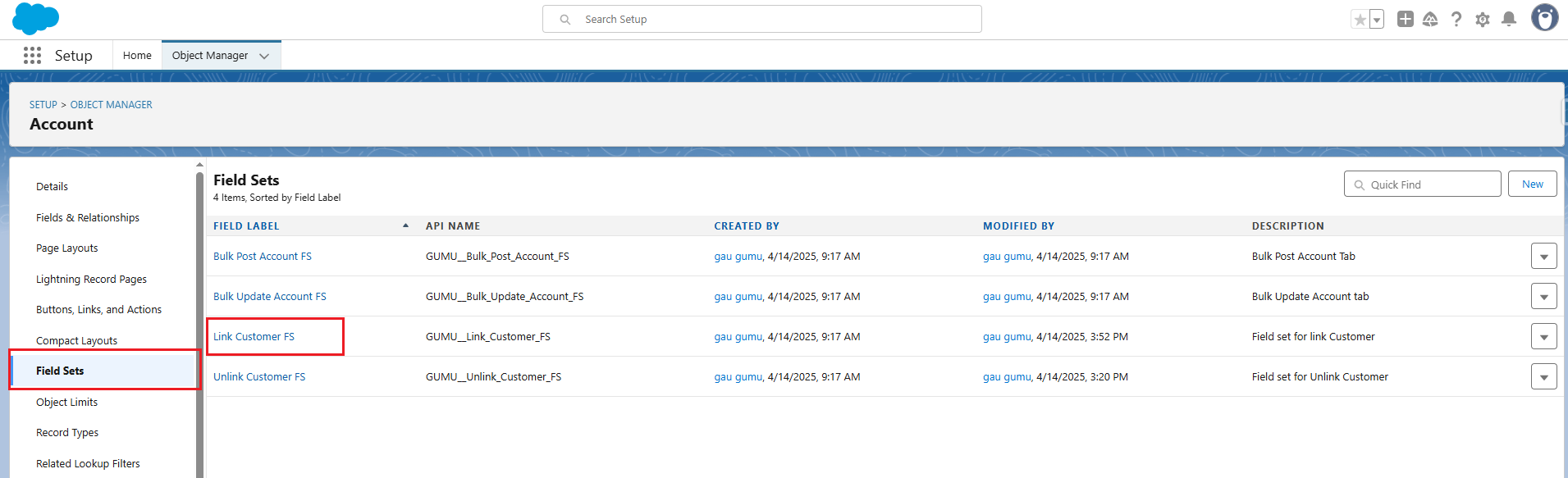 Account Field Set Screen