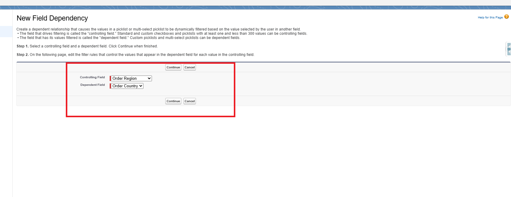 Set Controlling and Dependent fields